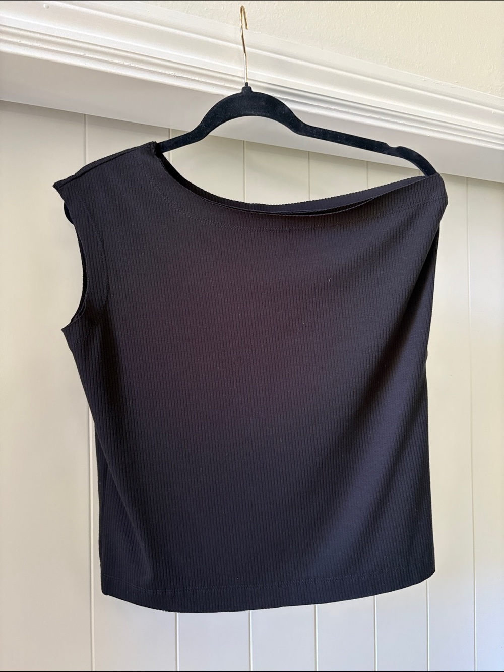 Sunday Ritual Sleek Black Ribbed Asymmetrical Women’s Top, off the shoulder